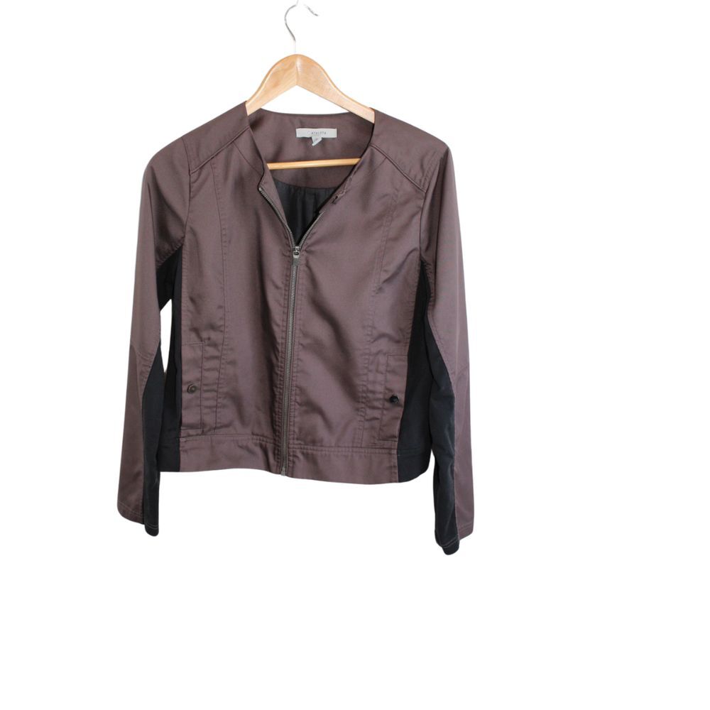 Women’s Brown Zip-Front Jacket with Black Side Panels